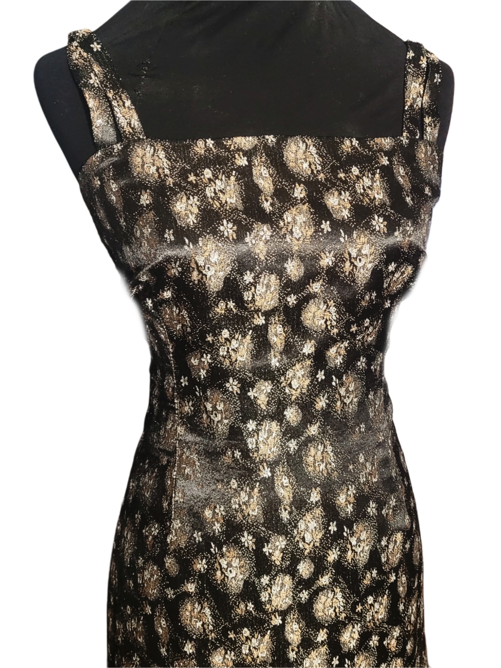 Vintage Black and Gold Metallic Floral Two-Piece Midi Dress Set - Picture 8 of 11